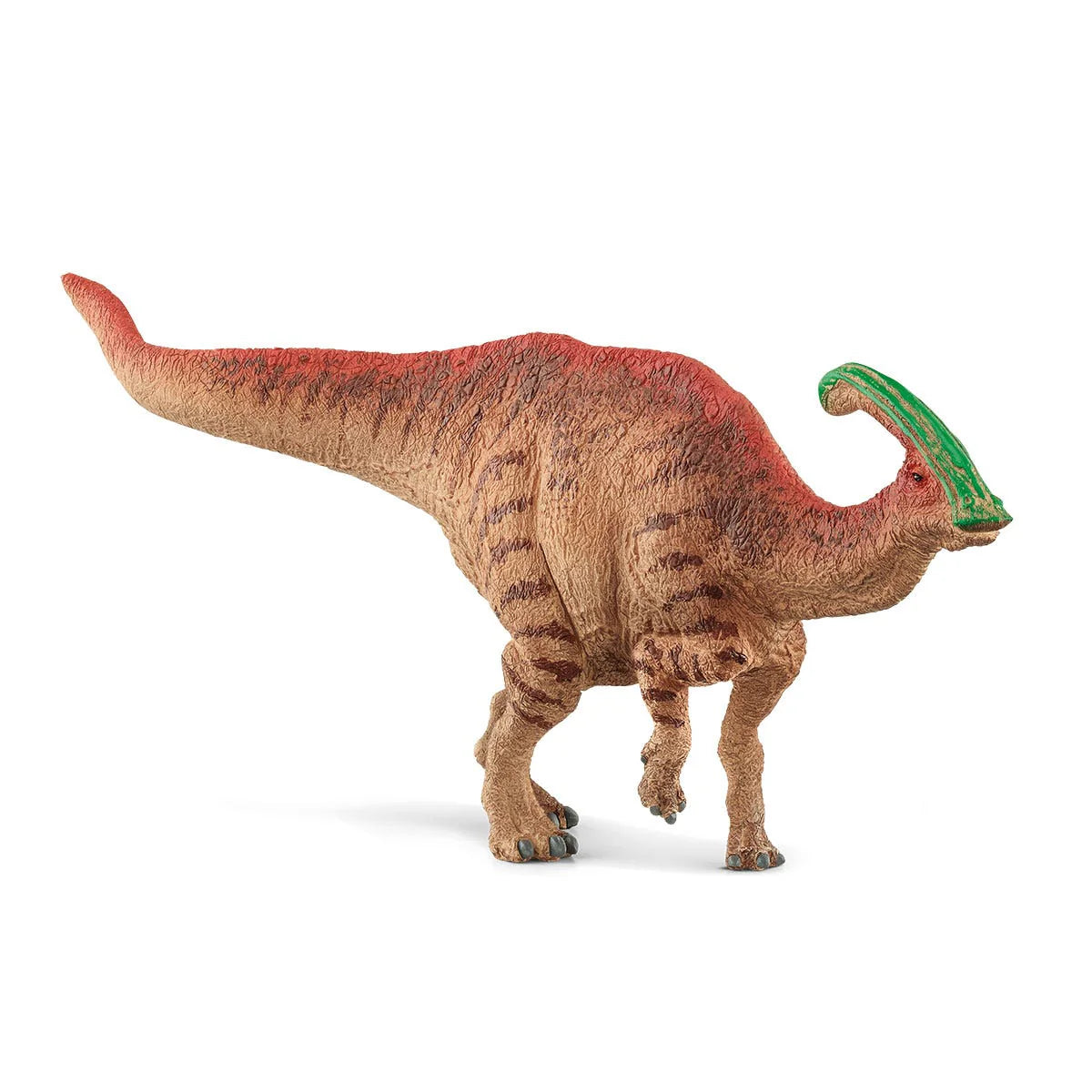 Dinosaur toy figure with a green frill on a white background
