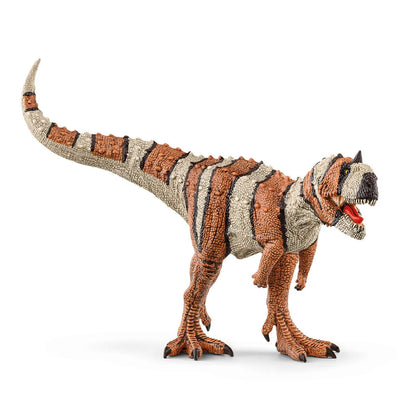 Dinosaur toy figure with a striped pattern on a white background