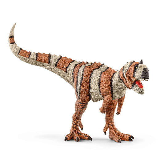 Dinosaur toy figure with a striped pattern on a white background