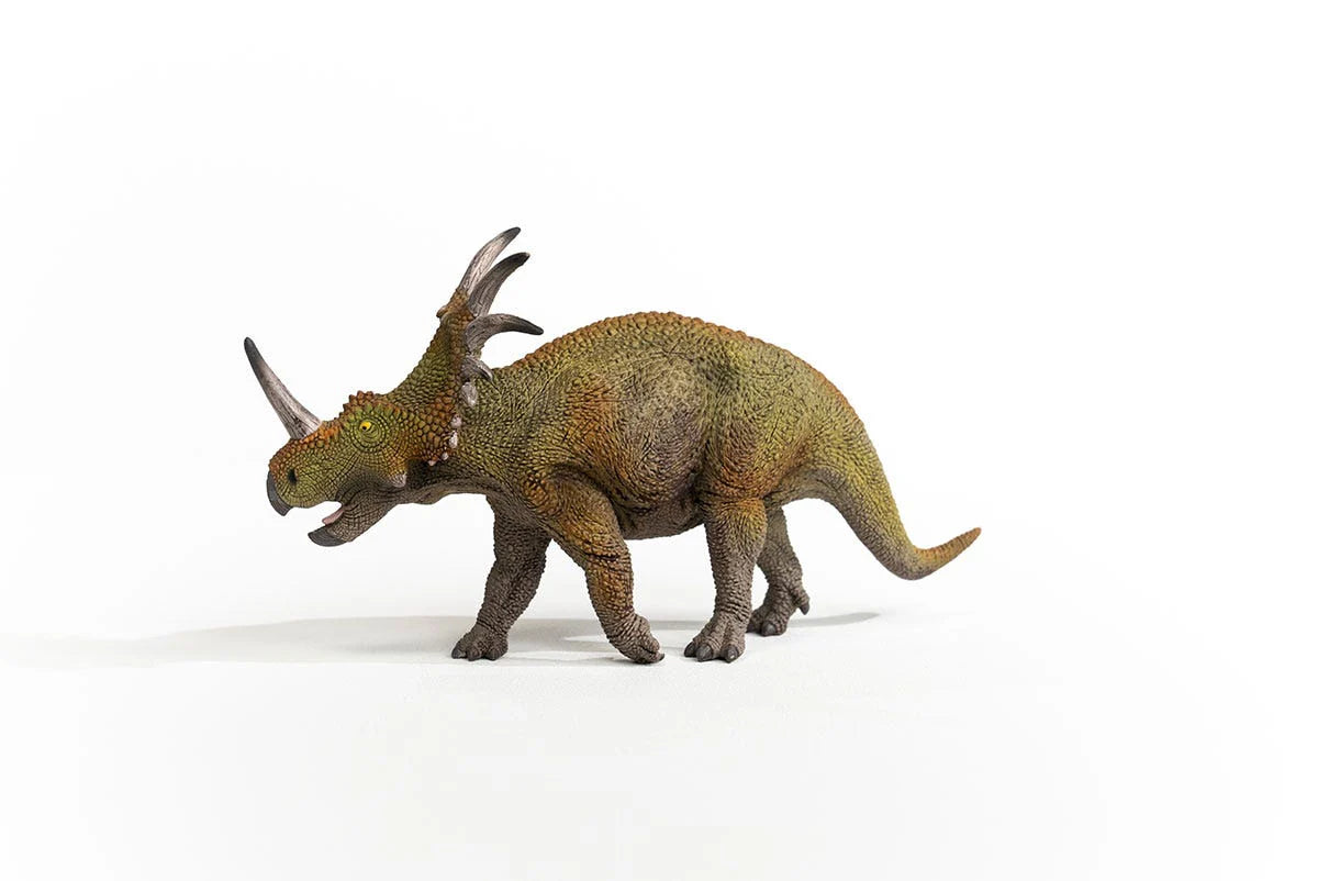 Dinosaur model with a green and brown color scheme on a white background