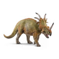 Dinosaur model with horns and a textured skin on a white background