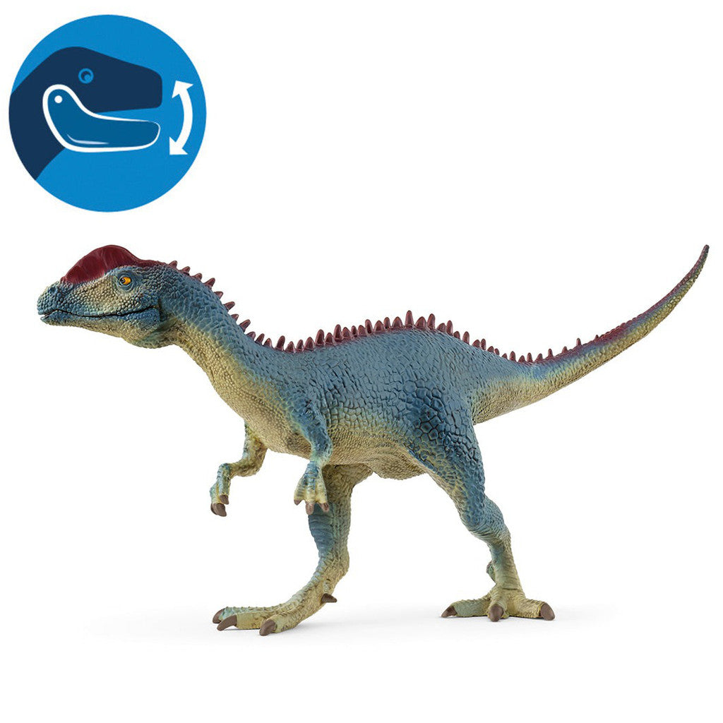 Dinosaur toy figure with a blue circle and icon in the corner