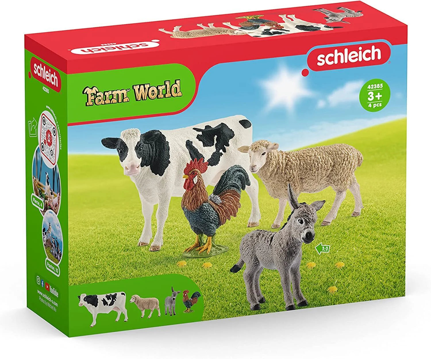 Schleich Farm World toy set packaging with farm animals on a grassy field background.