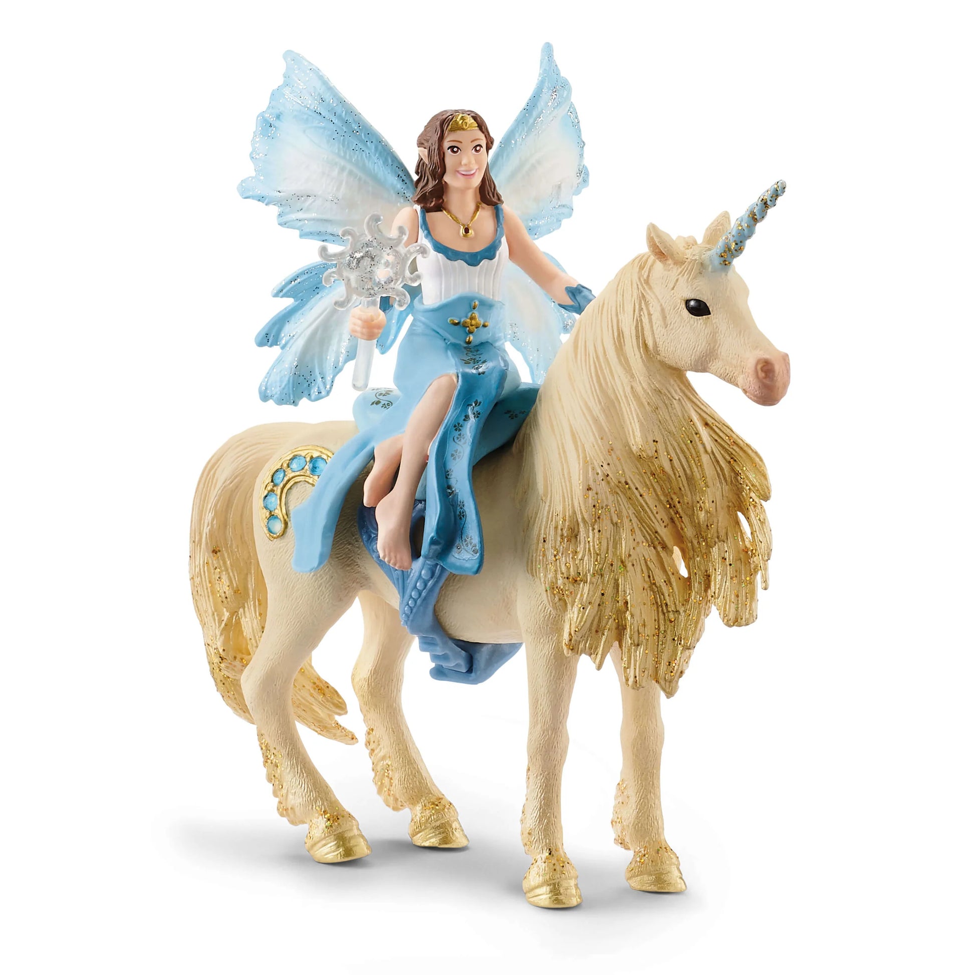 Figurine of a fairy riding a unicorn on a white background
