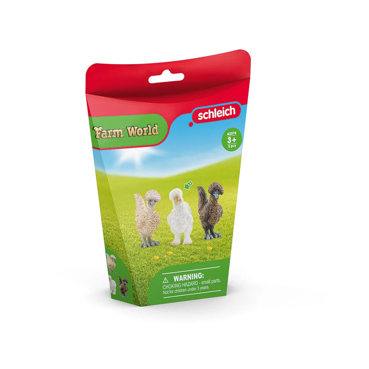 Schleich Farm World toy packaging with three sheep figures on a grassy field background.