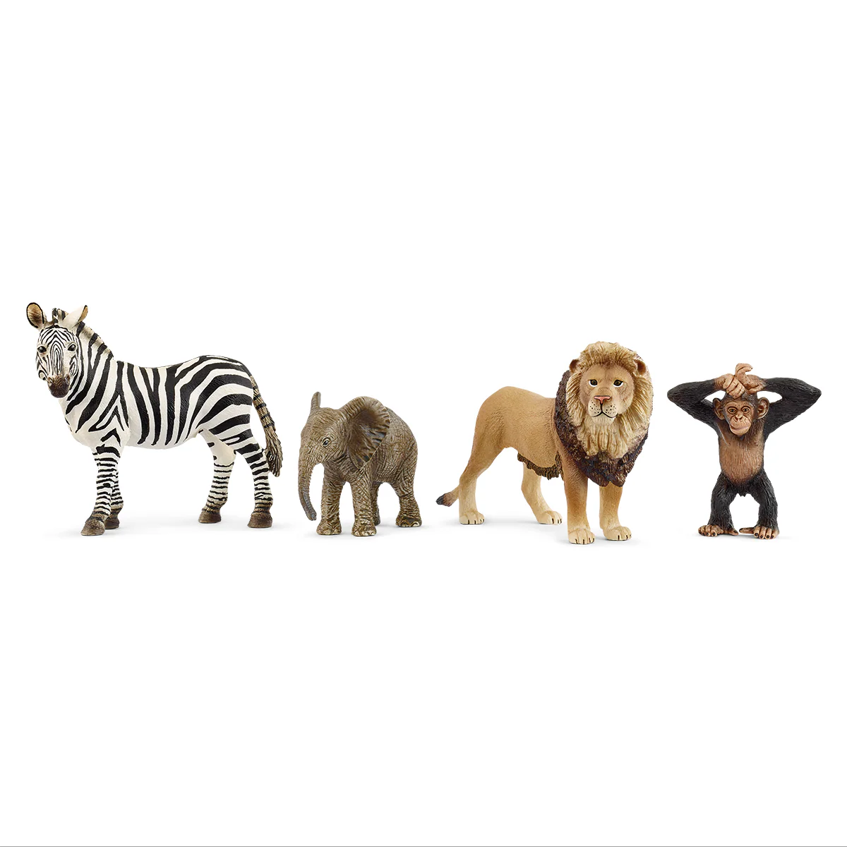 Four animal figurines (zebra, elephant, lion, and monkey) on a white background