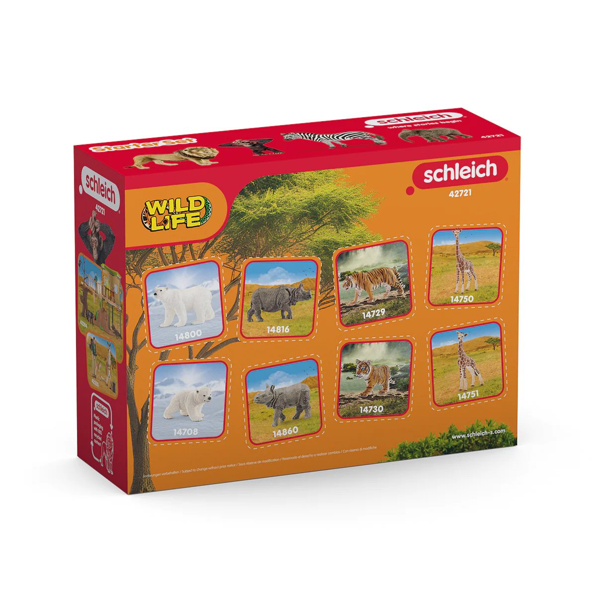 Schleich Wildlife toy set packaging with images of animals on an orange background