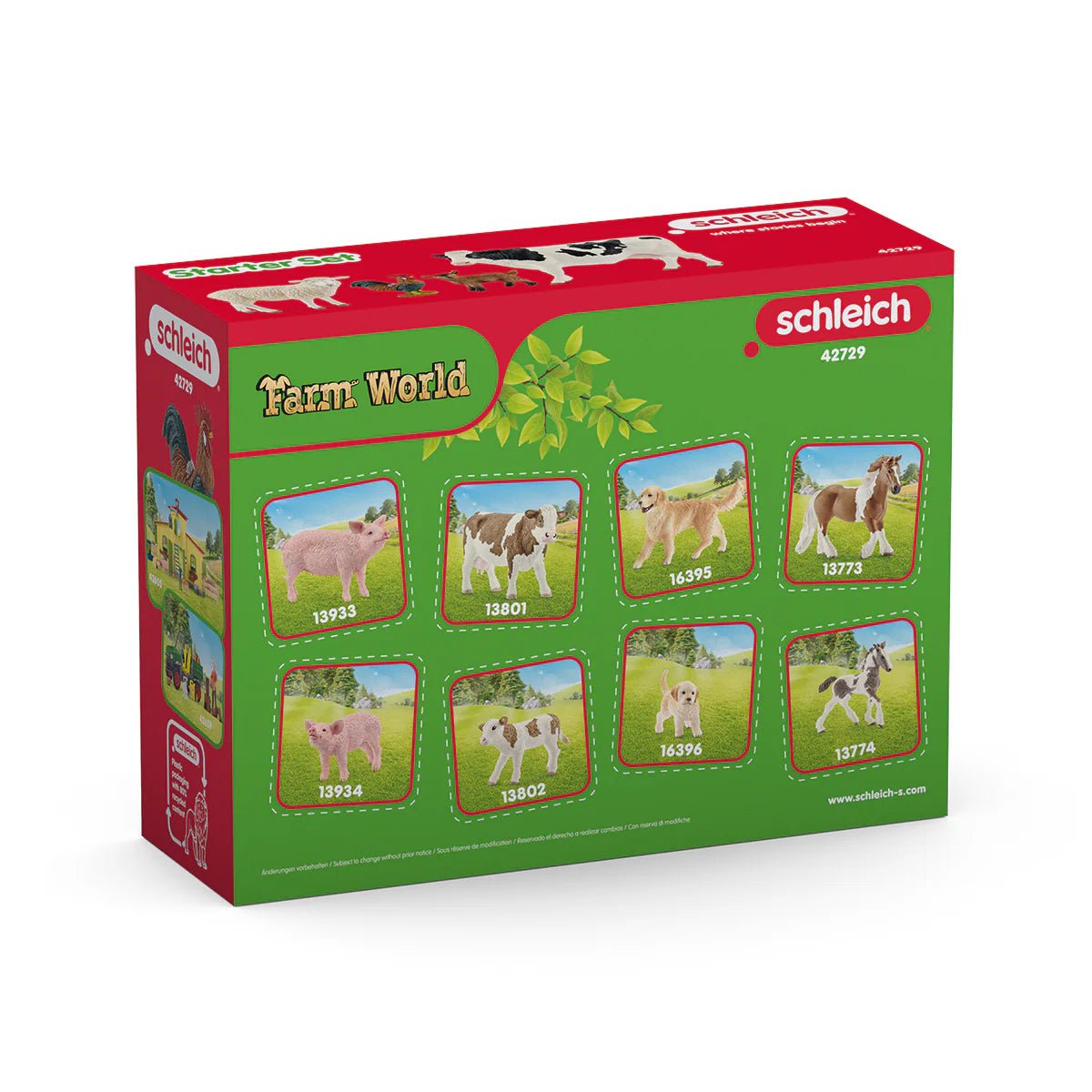 Schleich Farm World toy set packaging with images of animals on a white background