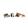 Set of toy animals including an elephant, panda, monkey, and tiger on a white background