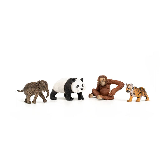 Set of toy animals including an elephant, panda, monkey, and tiger on a white background