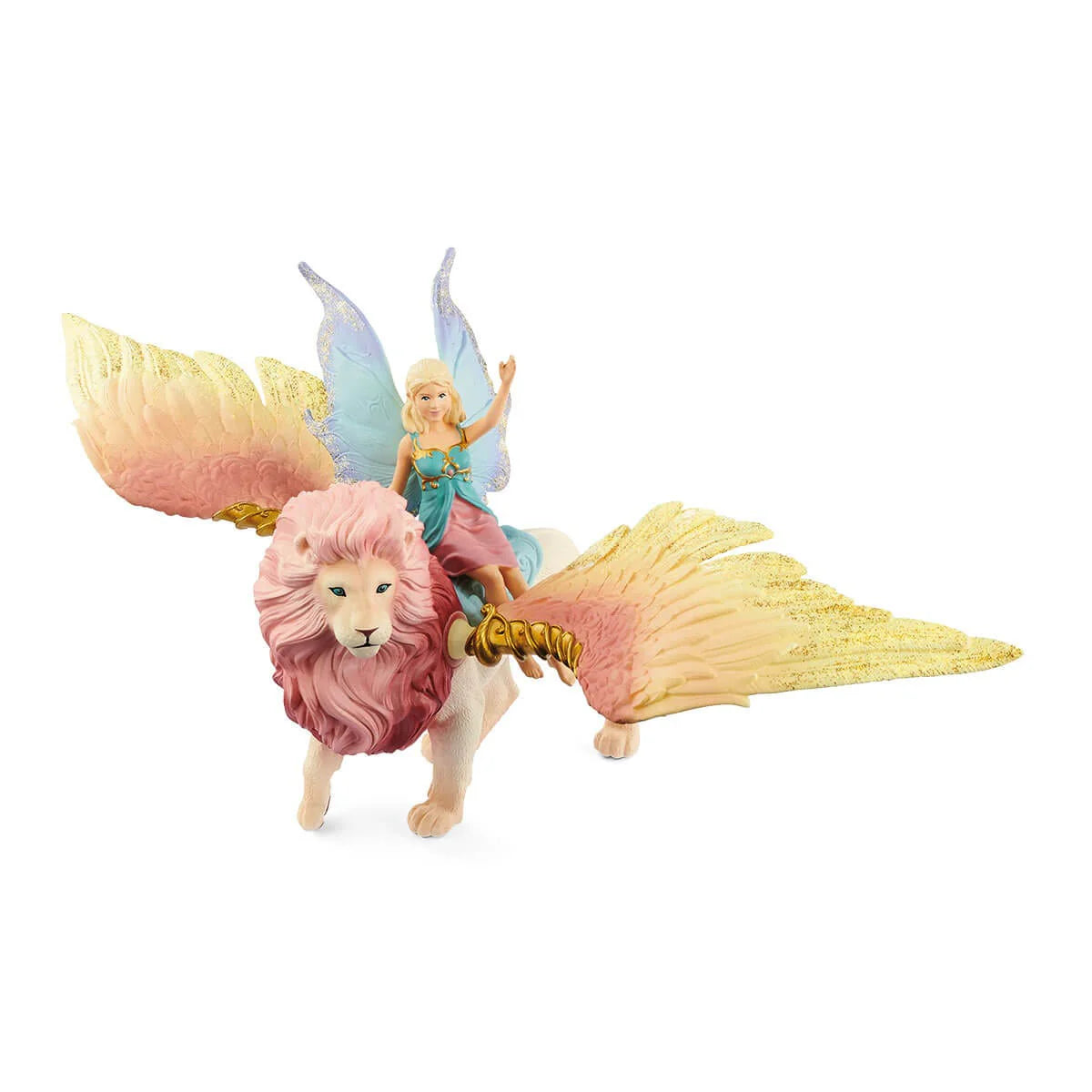 Fairy riding a lion with colourful wings on a white background