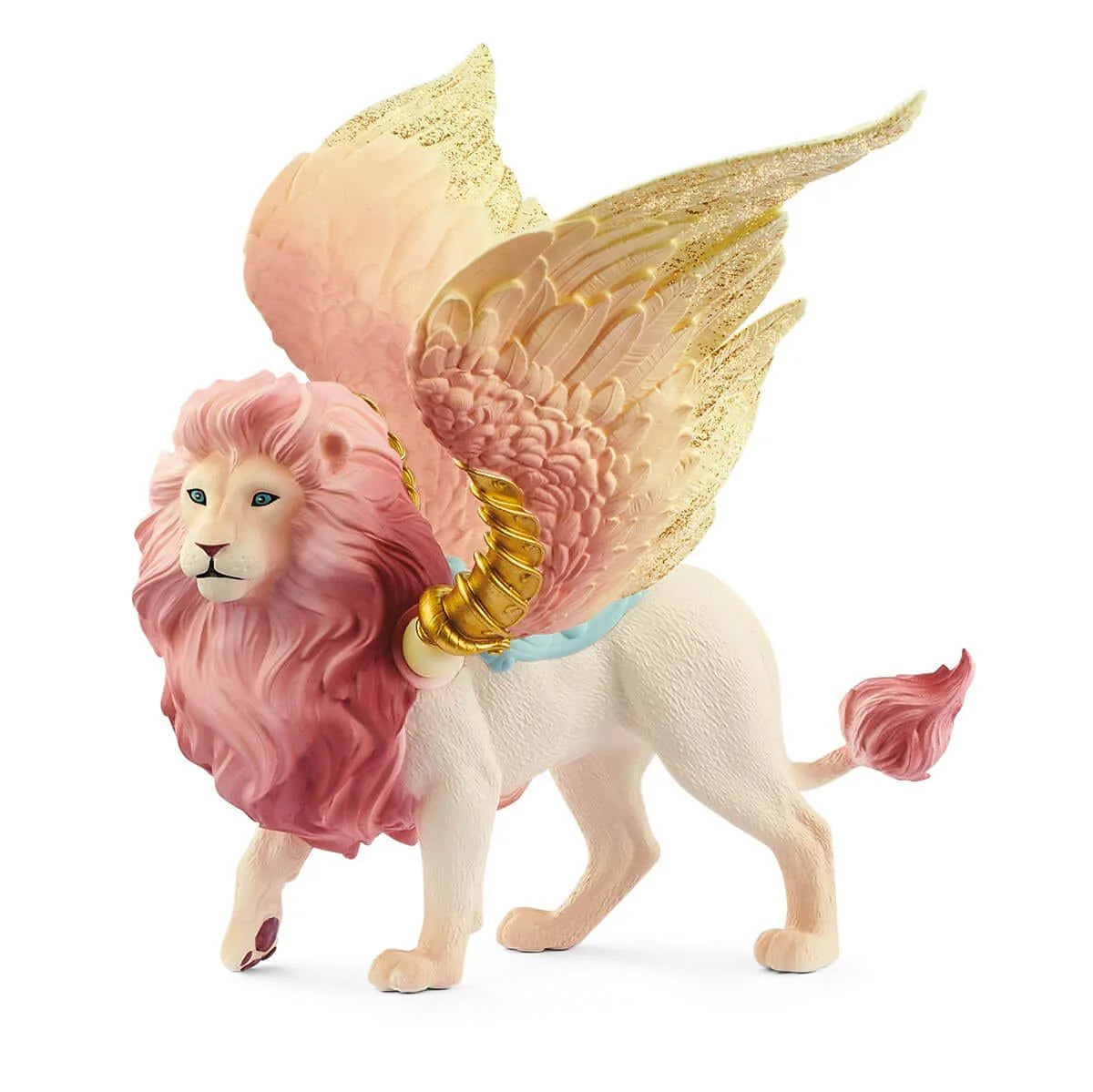 Toy figure of a lion with pink mane and gold wings on a white background
