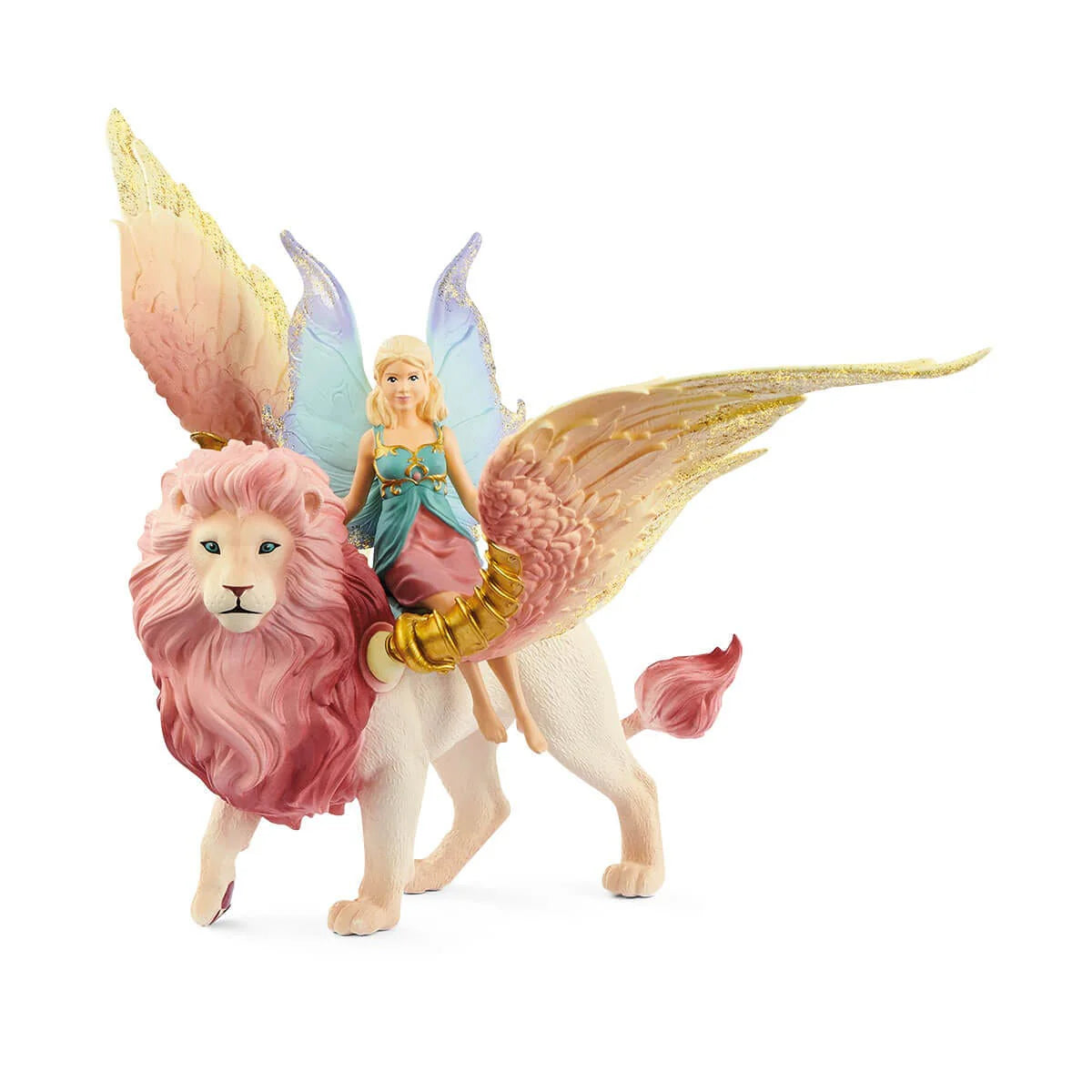 Toy figure of a fairy riding a lion with colorful wings on a white background