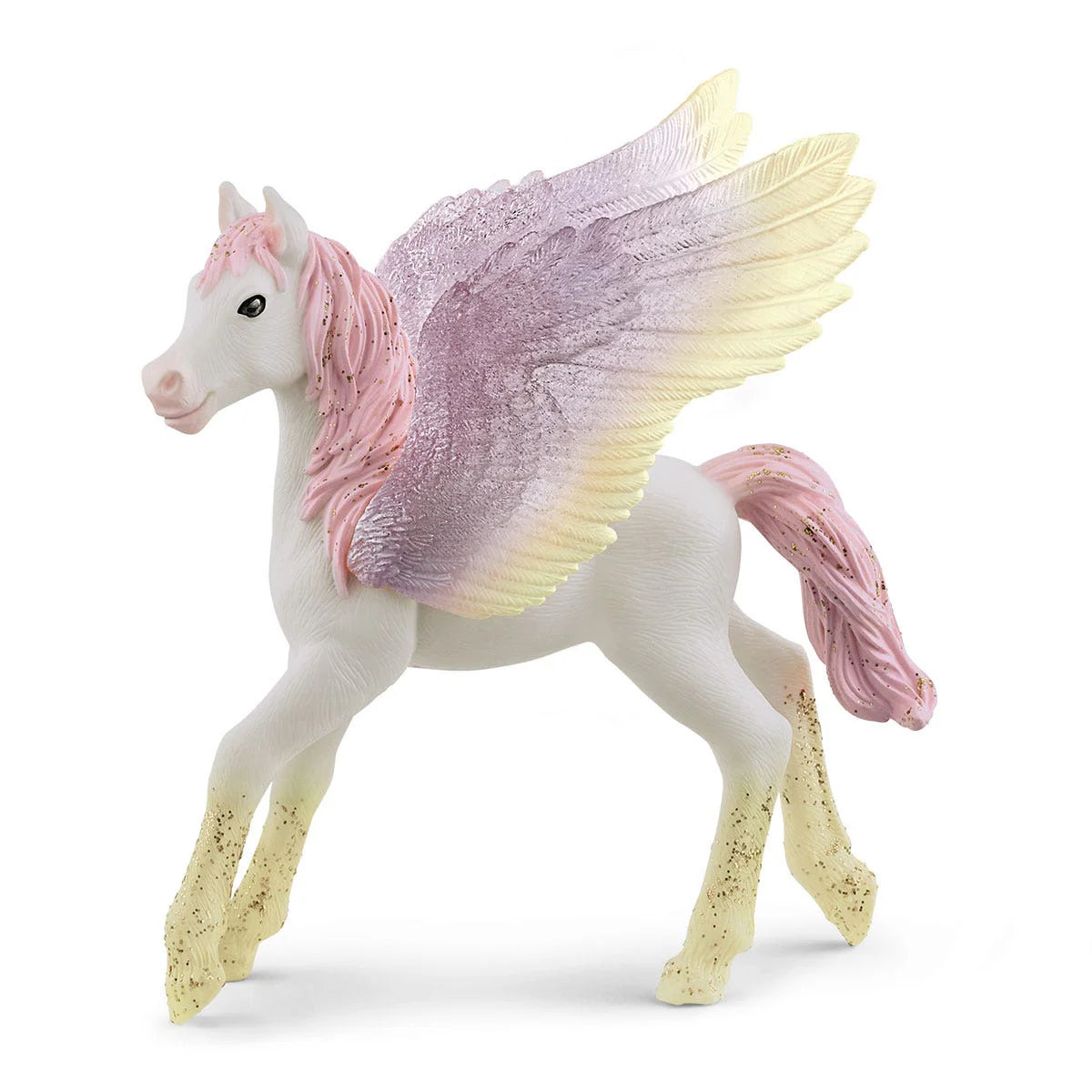 Pegasus Foal with pink and yellow mane and tail on a white background