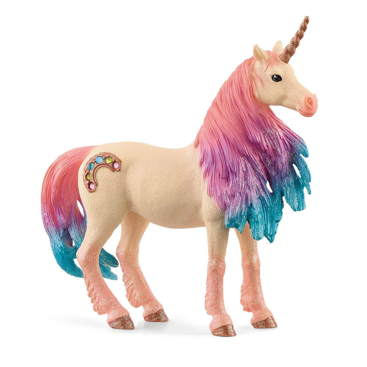 Unicorn figurine with colorful mane and tail on a white background