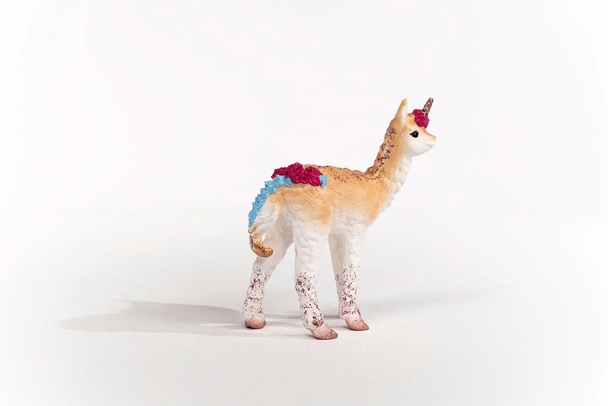 Unicorn toy figure with colorful decorations on a white background
