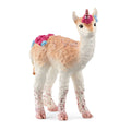Toy llama figure with a unicorn horn and floral decorations on a white background