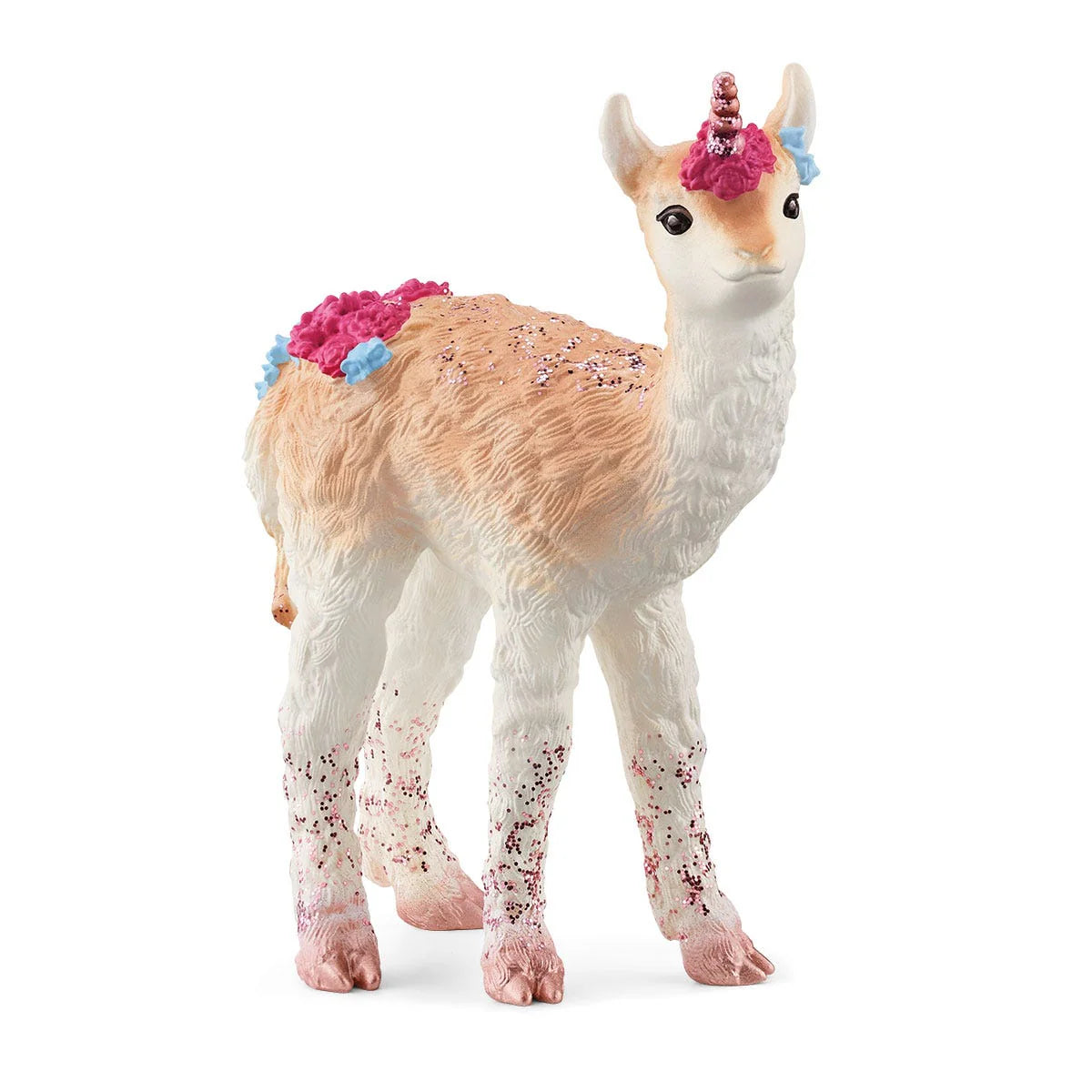 Toy llama figure with a unicorn horn and floral decorations on a white background