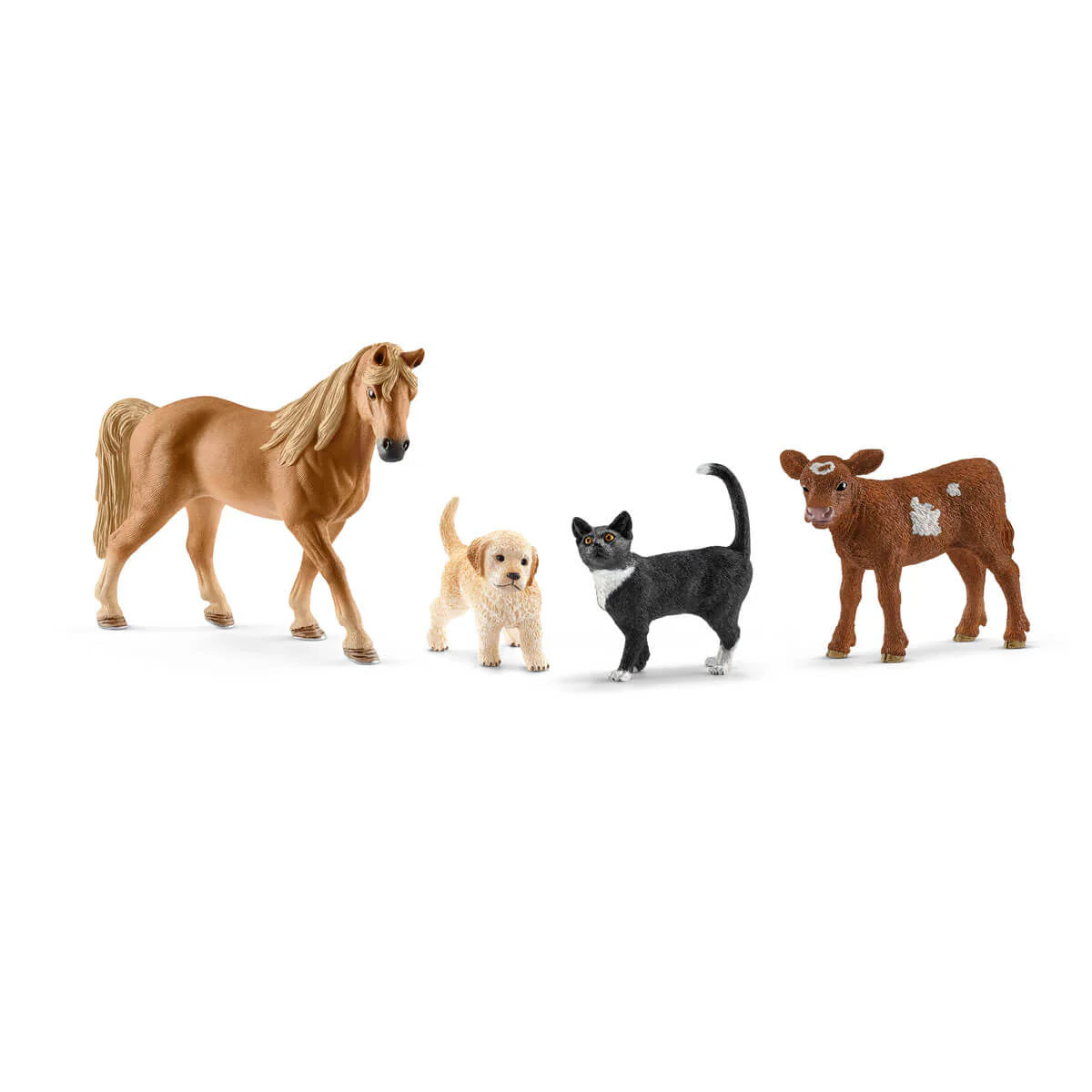 Set of toy animals including a horse, dog, cat, and cow on a white background