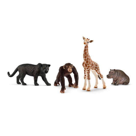 Four animal figurines including a panther, chimpanzee, giraffe, and hippopotamus on a white background