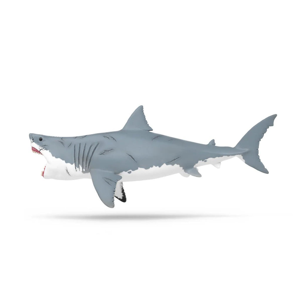 Gray shark toy figure on a white background