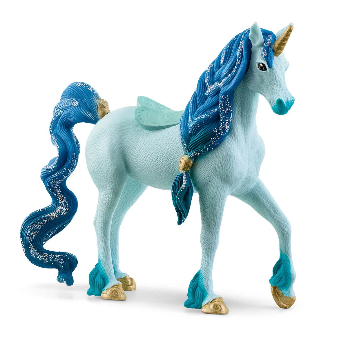 Unicorn figurine with blue mane and tail on a white background