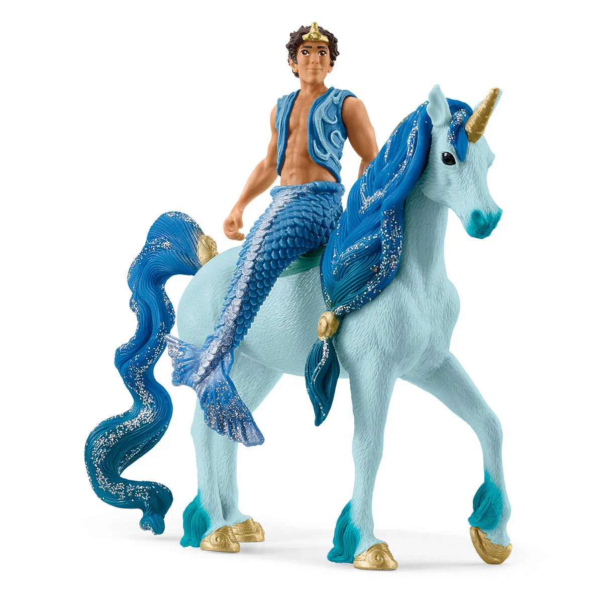 Toy figure of a man riding a unicorn with blue and gold details on a white background