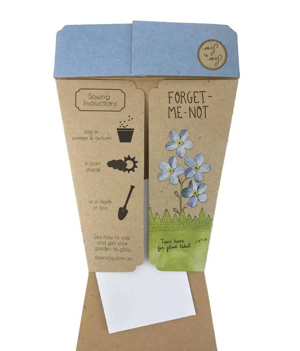 Seed packet for 'Forget-Me-Not' with instructions on a white background
