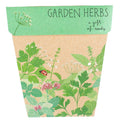 Packaging for garden herbs with illustrations of plants and a ladybug on a white background