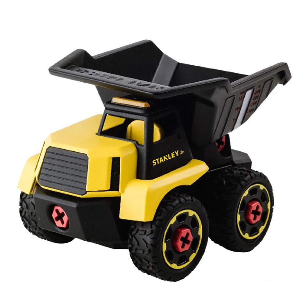 Toy dump truck with black and yellow colors on a white background