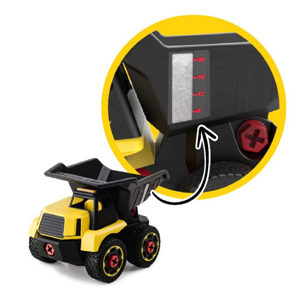 Toy dump truck with a close-up of its battery pack on a white background