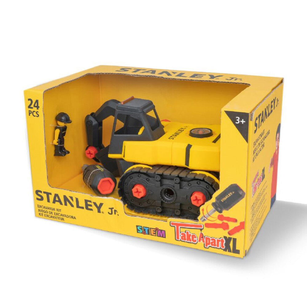 Toy bulldozer set in a 'Stanley Jr.' packaging on a white background