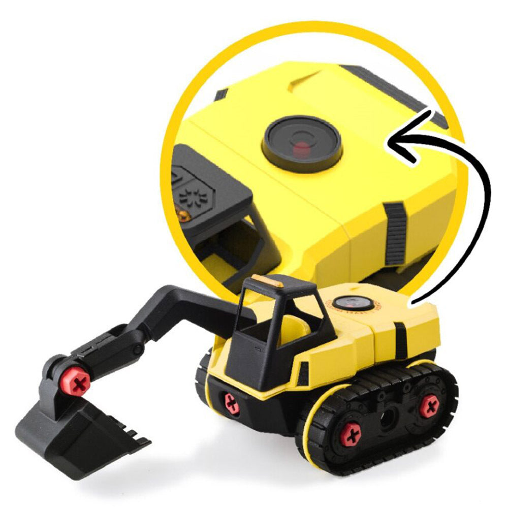 Toy excavator with a yellow body and black tracks on a white background