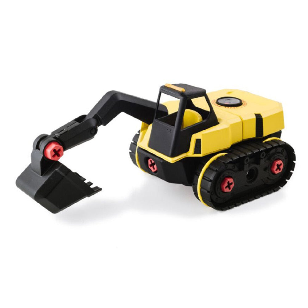 Toy excavator with black and yellow colors on a white background