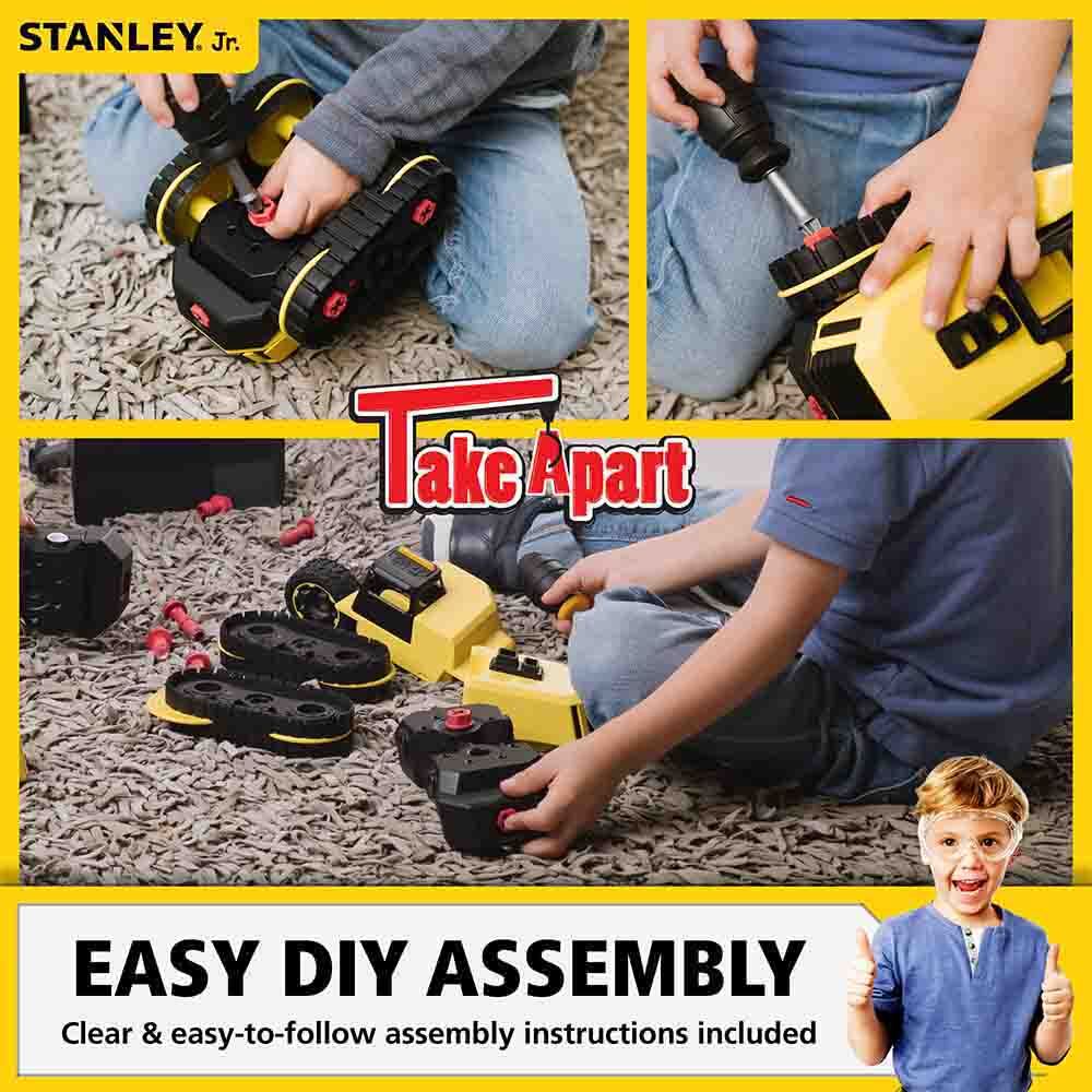 Children playing with a toy drill and assembly set, featuring Stanley Jr branding.