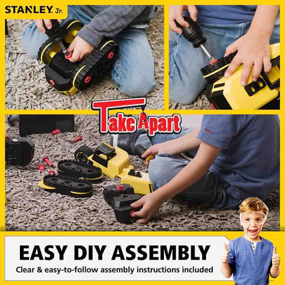 Children playing with a toy drill and assembly set, featuring Stanley Jr branding.