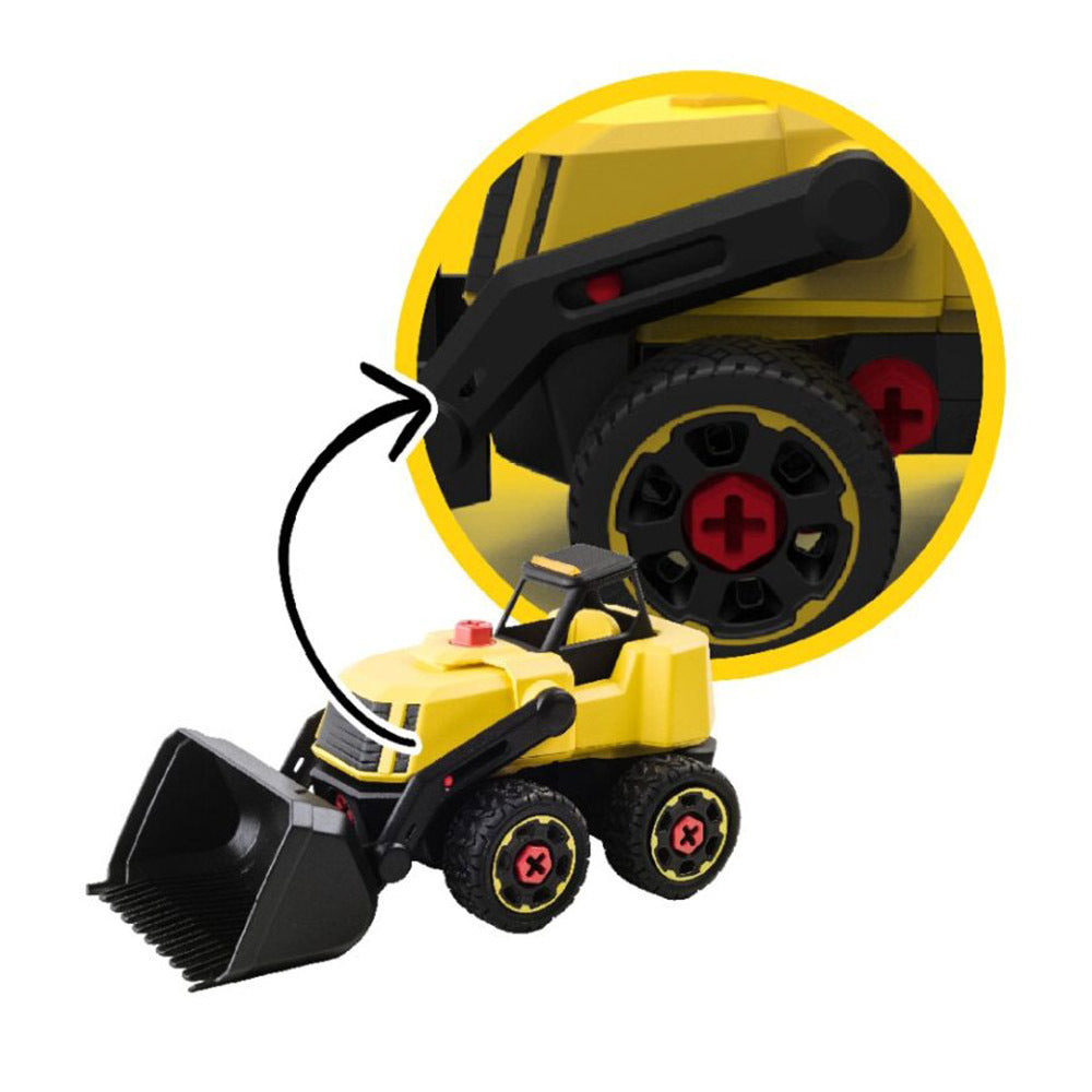 Toy bulldozer with a close-up of its wheel on a white background