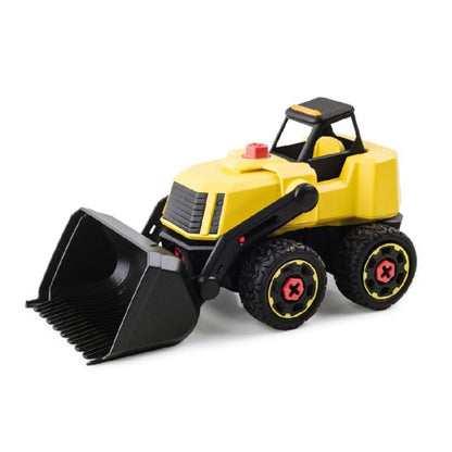 Toy bulldozer with black scoop and yellow body on a white background