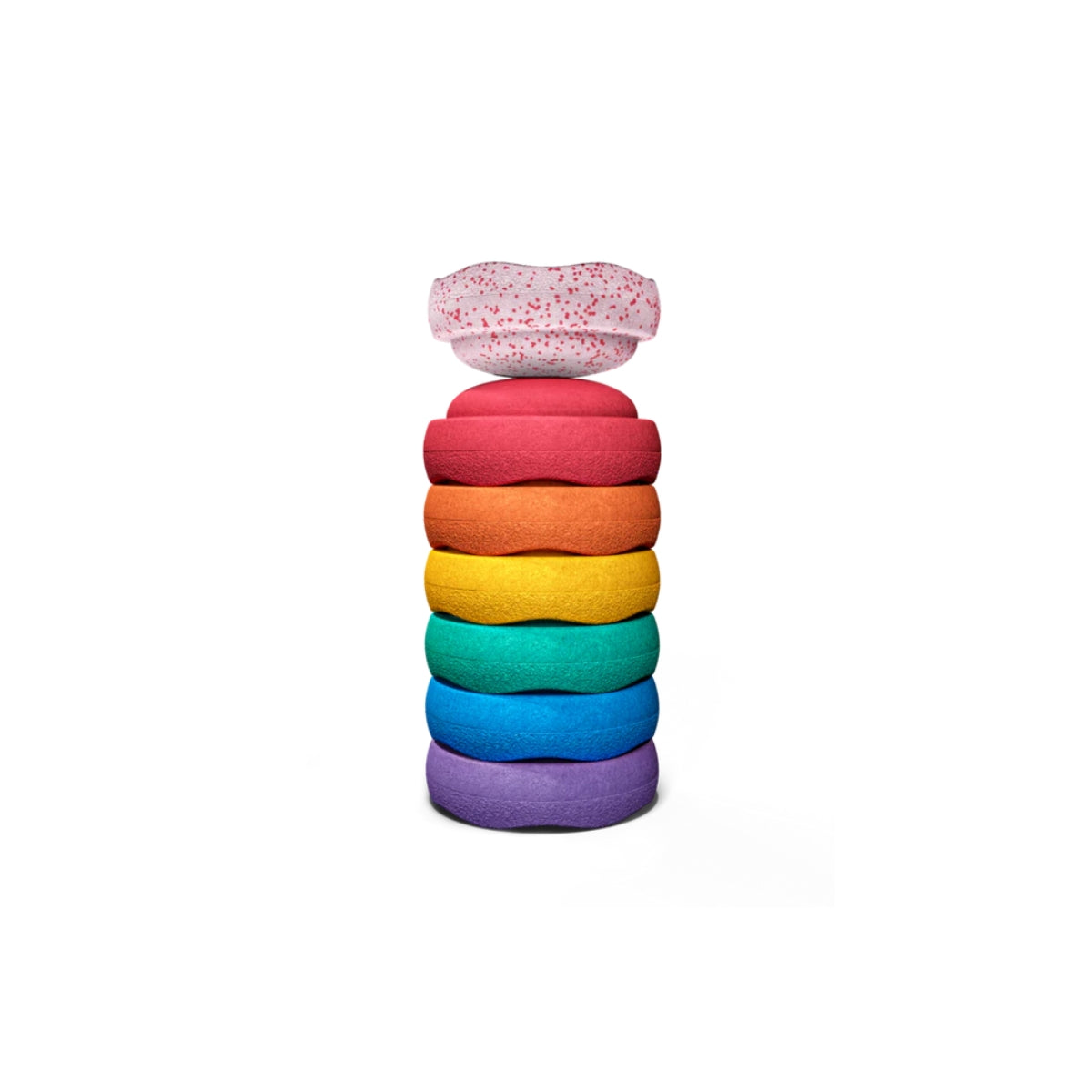 Stack of colorful stepping stones with a white background