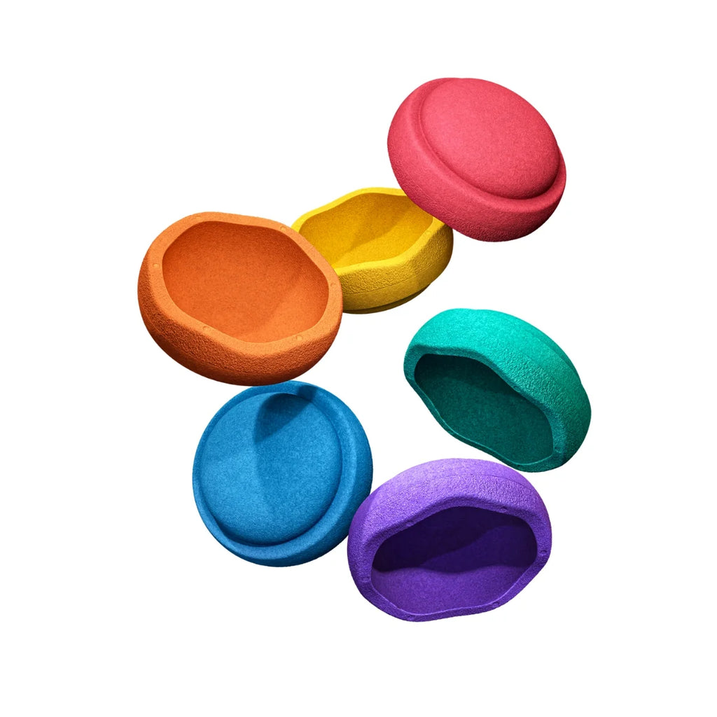 Six small felt-covered dome-shaped containers or bowls in assorted bright colors, shown open on a plain white background.