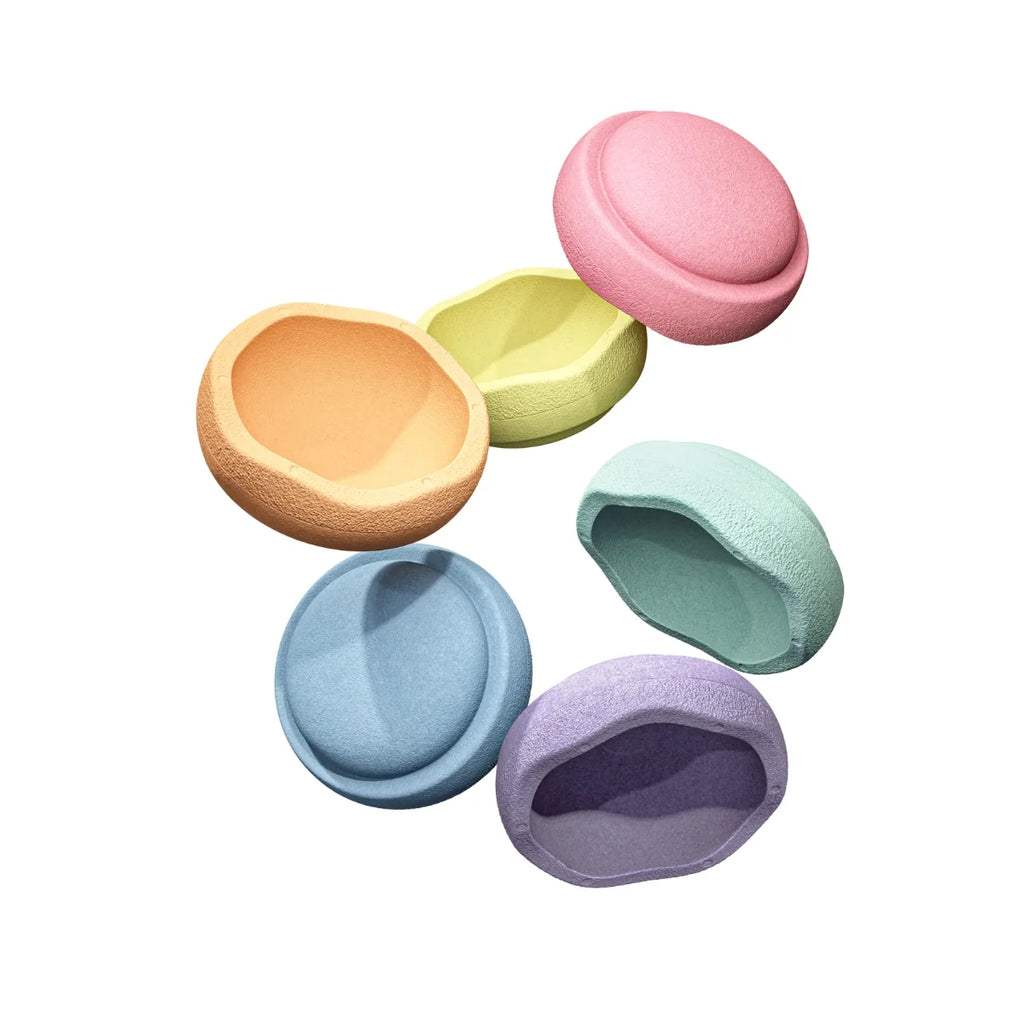 Stepping Stones in pastel colors, including pink, yellow-green, peach, mint, light blue, and lavender, arranged on a plain white background.