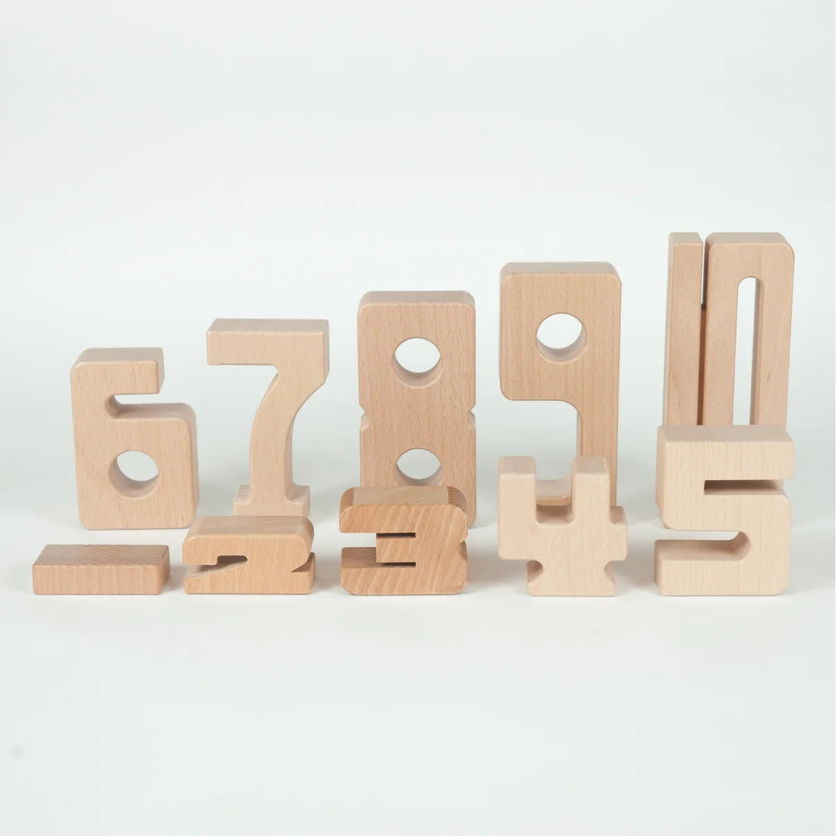 Set of wooden numbers on a white background