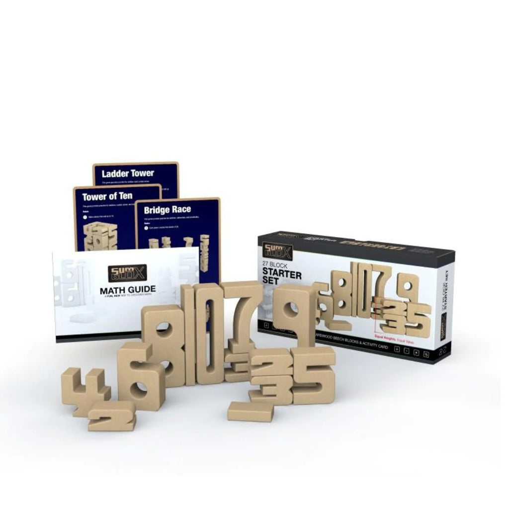 Set of wooden number blocks with packaging on a white background