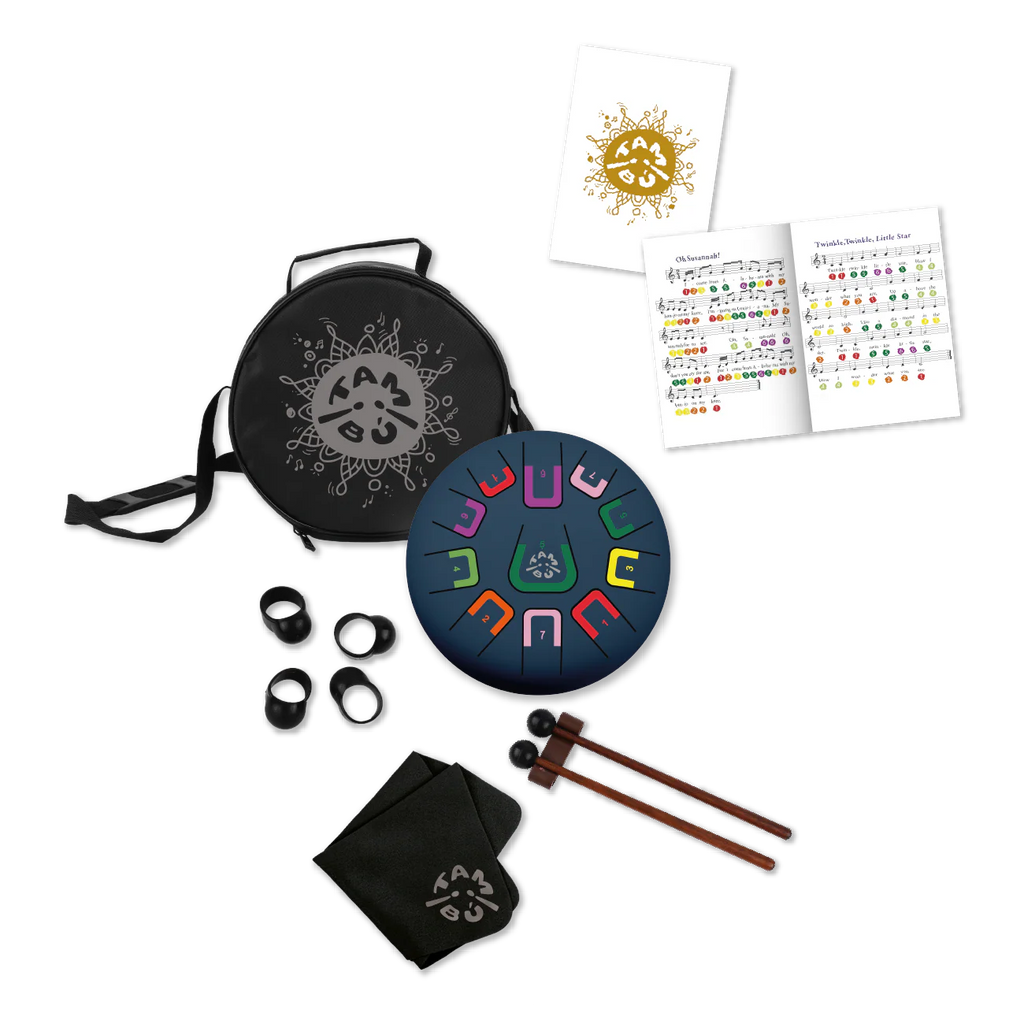 Music education kit with tongue drum, mallets, carrying case, and educational materials on a white background