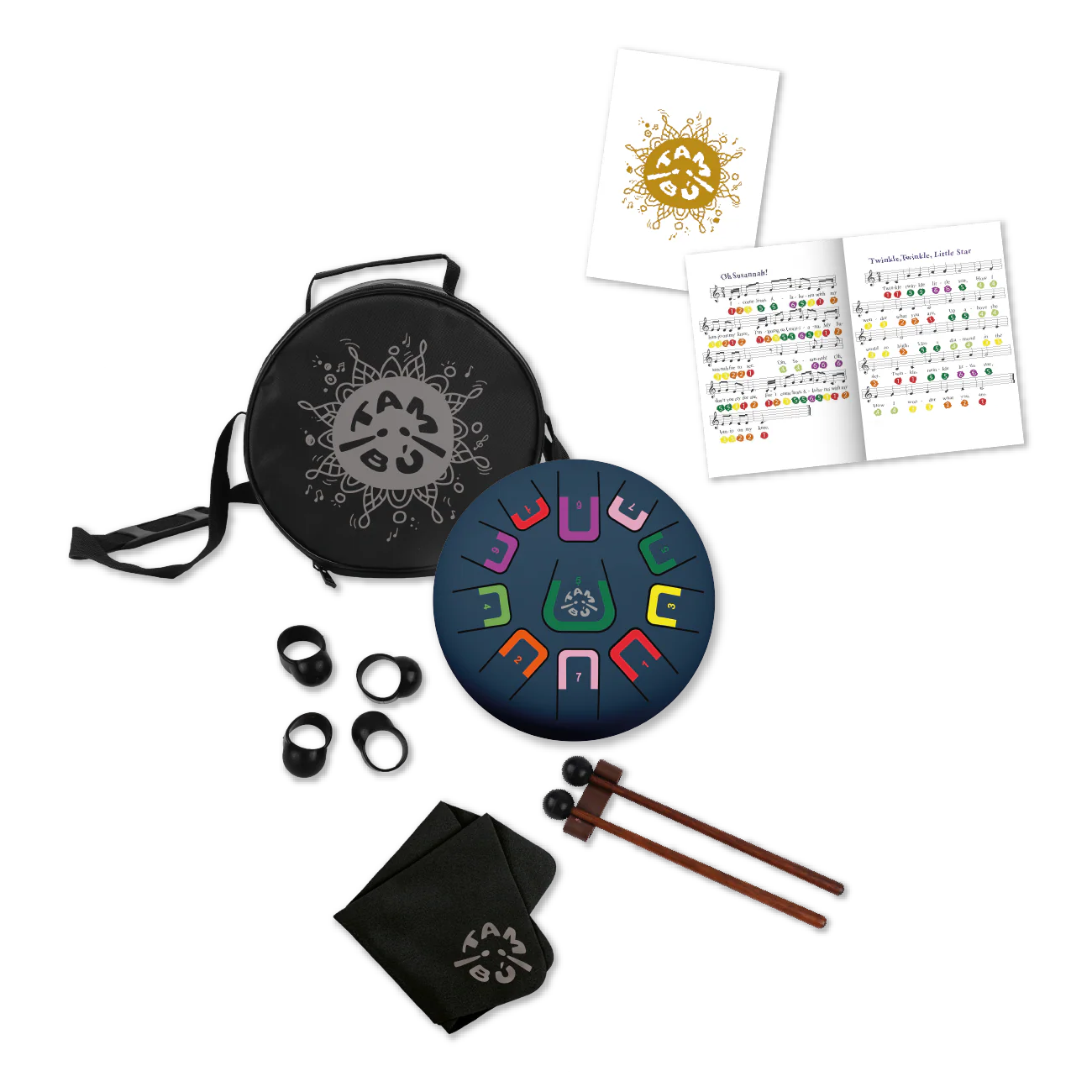 Music education kit with tongue drum, mallets, carrying case, and educational materials on a white background