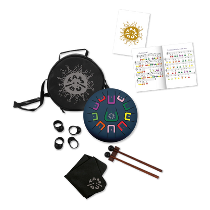 Music education kit with tongue drum, mallets, carrying case, and educational materials on a white background