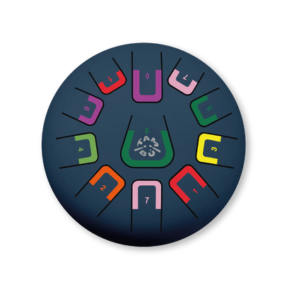 Circular design with colorful numbers and symbols on a dark blue background