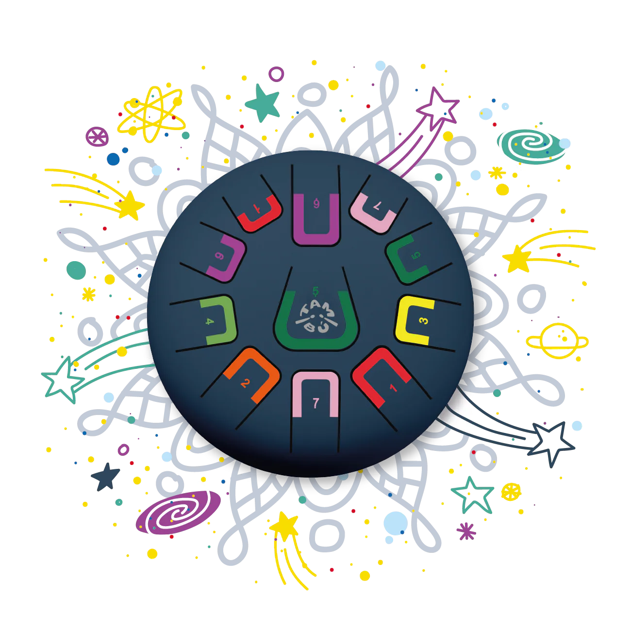 Circular design with colorful numbers and symbols on a white background