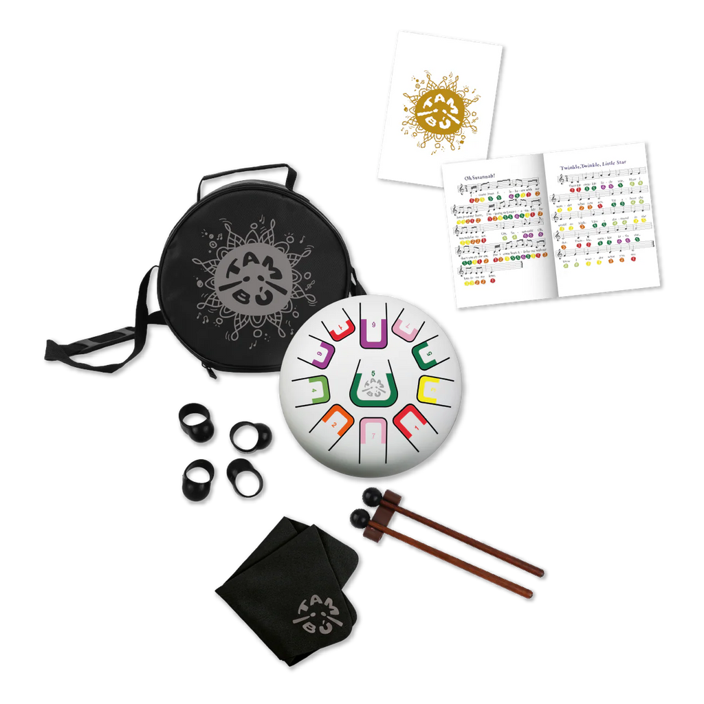 Tangram drum set with carrying case, mallets, and educational materials on a white background