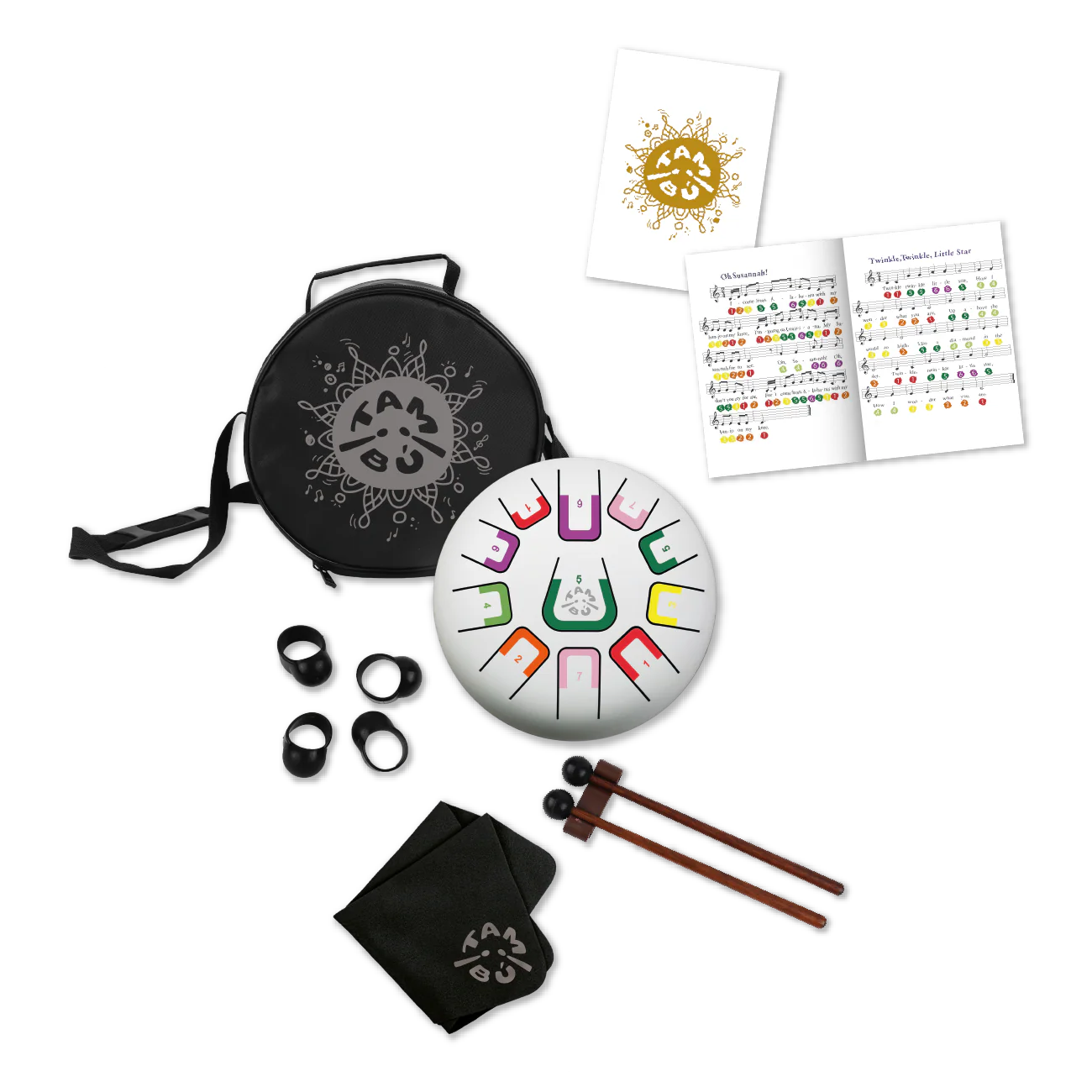 Tangram drum set with carrying case, mallets, and educational materials on a white background